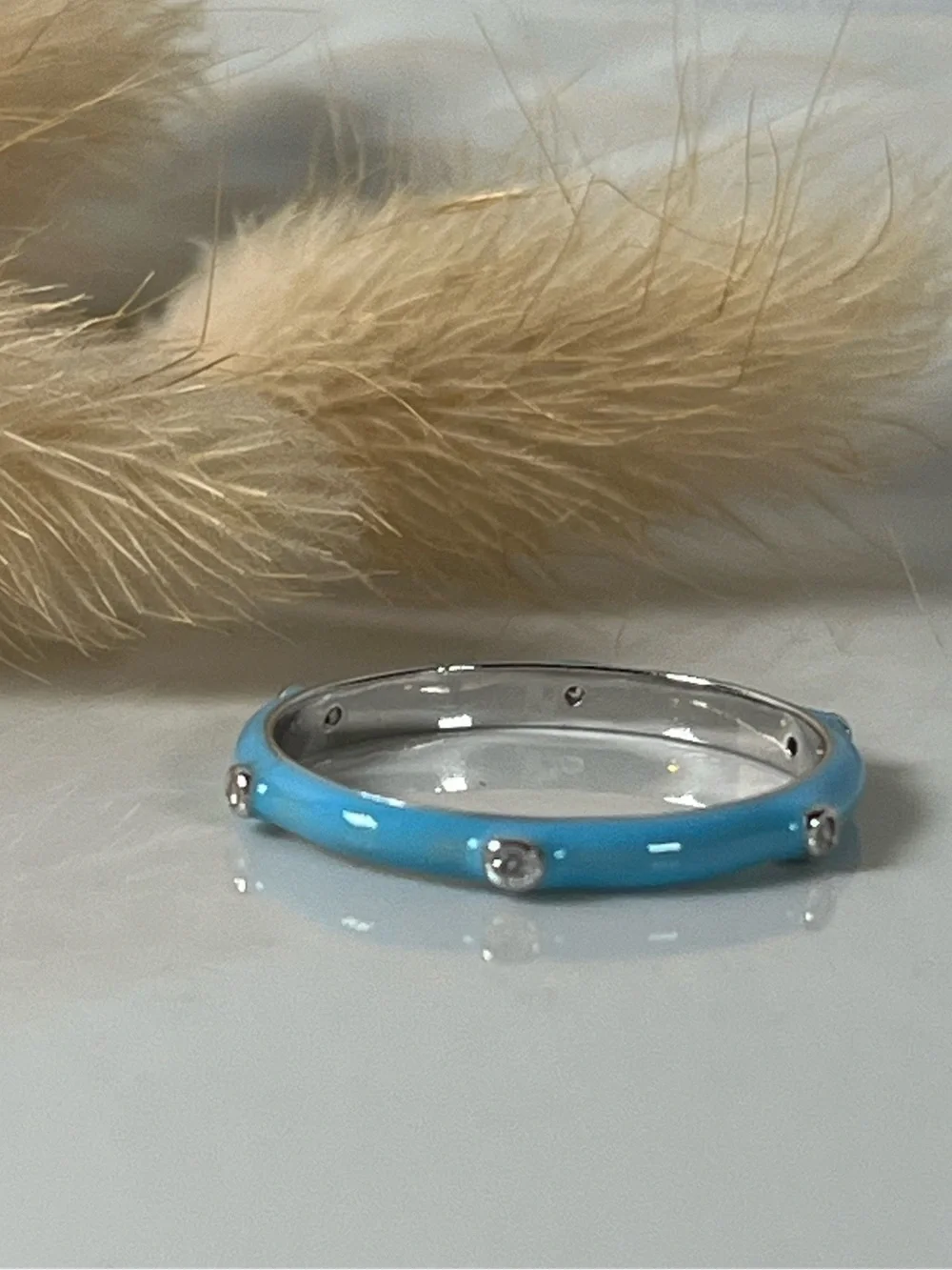Rhodium Plated 925 Sterling Silver Turquoise Color Enamel Stacker Ring Size 7.25